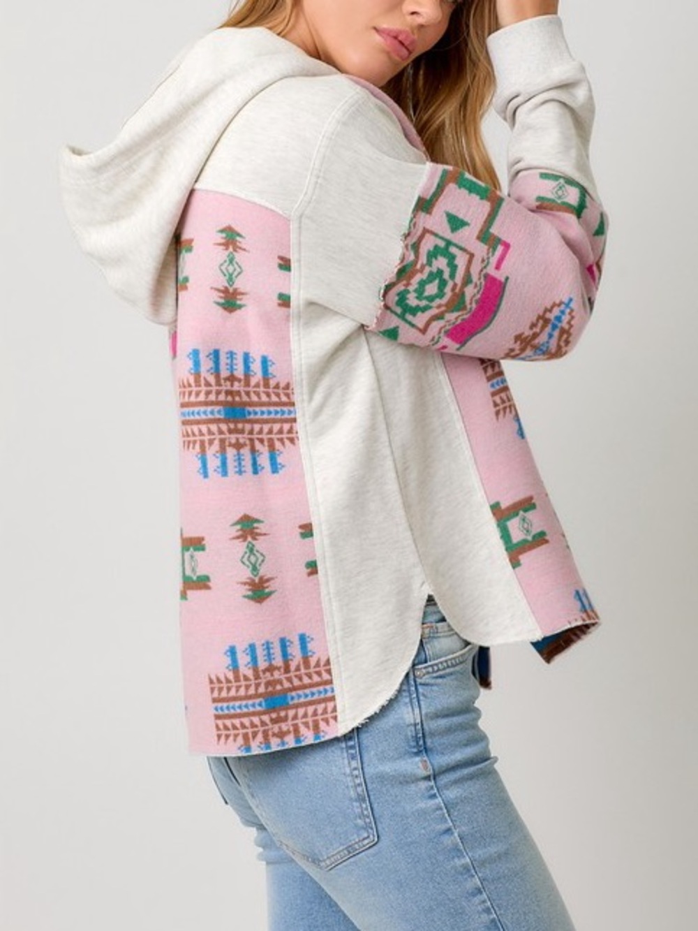 🍂SPECIAL🍂AZTEC COLOR BLOCKED HOODIE JACKET|ROSE